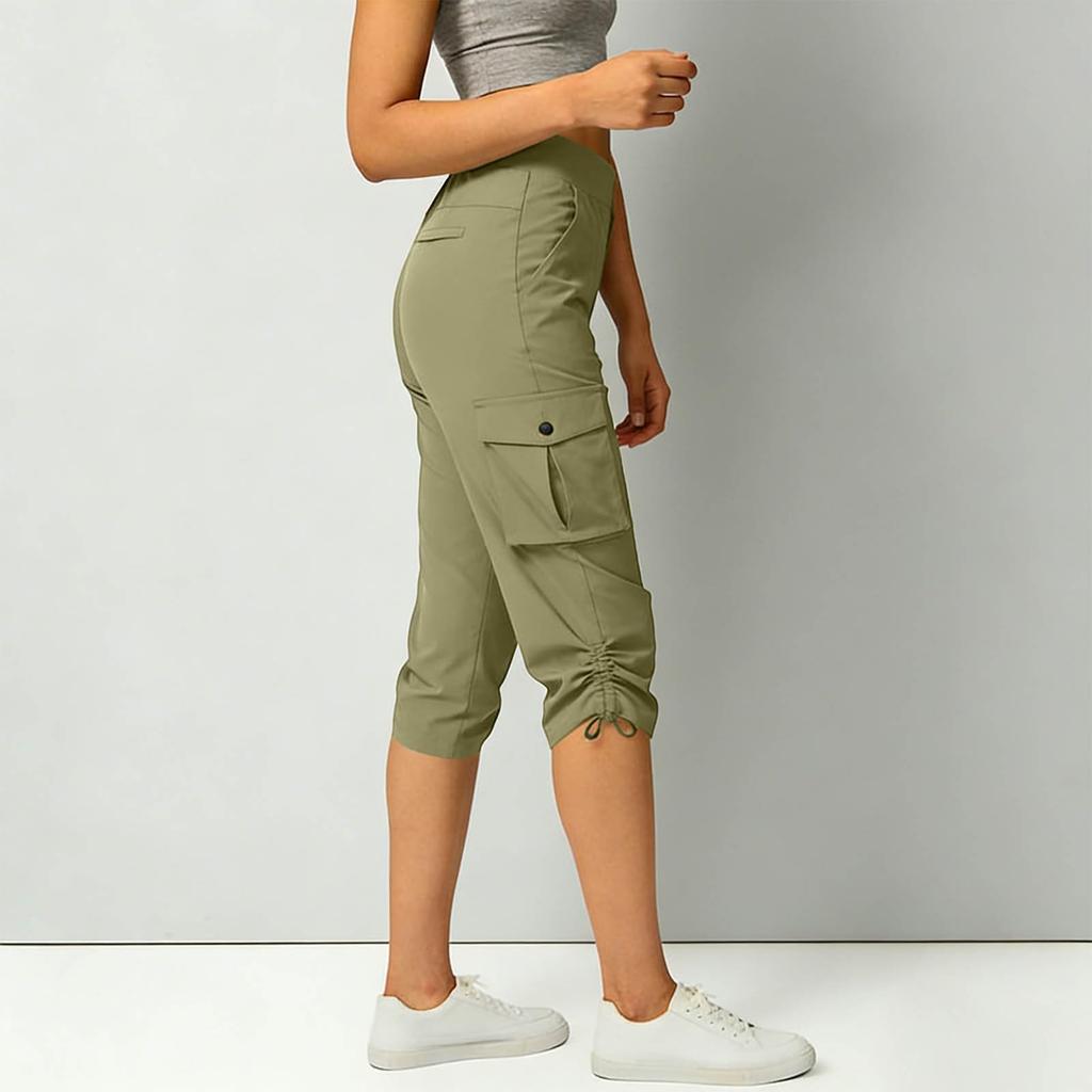 Women’s Drawstring Waist Cargo Capris with Multiple Pockets and Adjustable Hem for Outdoor Activities