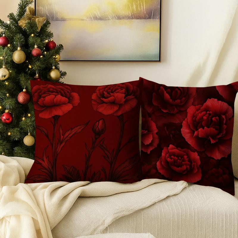 VIKAMA Red Peony Flower Christmas Decorative Pillow Cover Soft Throw Cushion Case for Sofa Bedroom Home 18x18 Inch