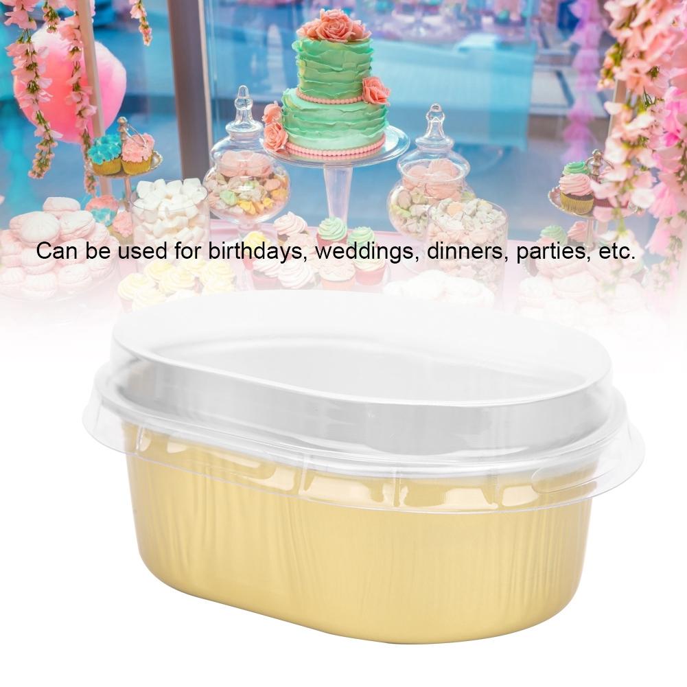10Pcs Disposable Oval‑Shaped Aluminum Foil Cake Baking Cup Mold with Lid Kitchen Accessory(Gold )