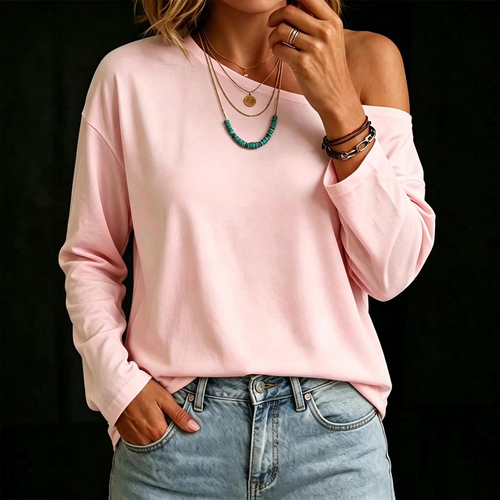 Women's Casual Long Sleeve Loose Fit T-Shirt with Asymmetrical Neckline Color