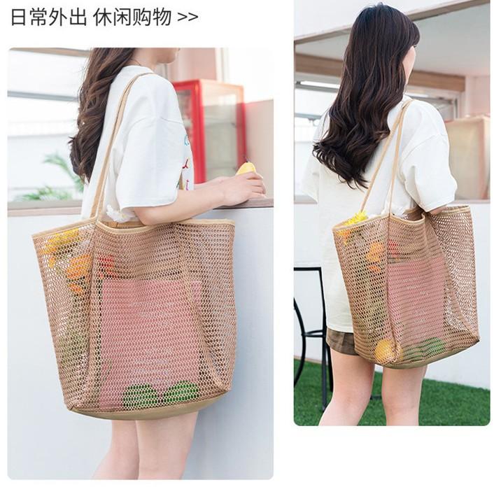 Mesh Beach Tote Bag Large Capacity Women Shoulder Bag Anti-Sand Net Shopping Bag with Zipper Pocket Lightweight Summer Travel Handbag