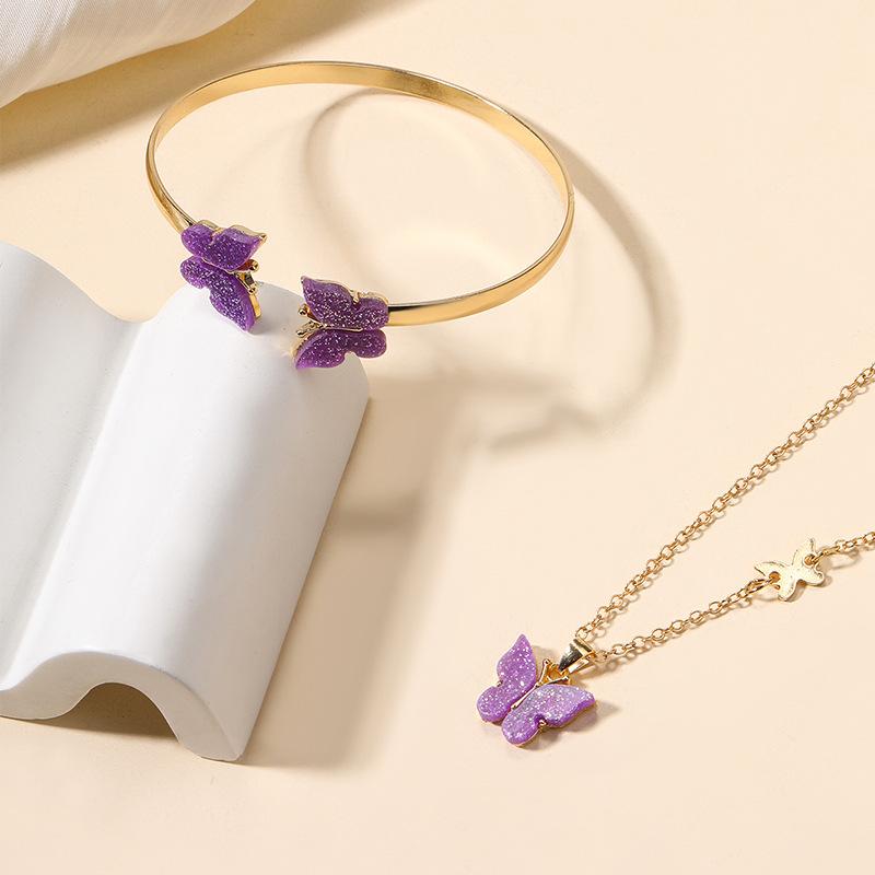 

New Accessories Versatile Alloy Butterfly Ring Bracelet Bracelet Necklace Three-piece Set Complex Color Set Women