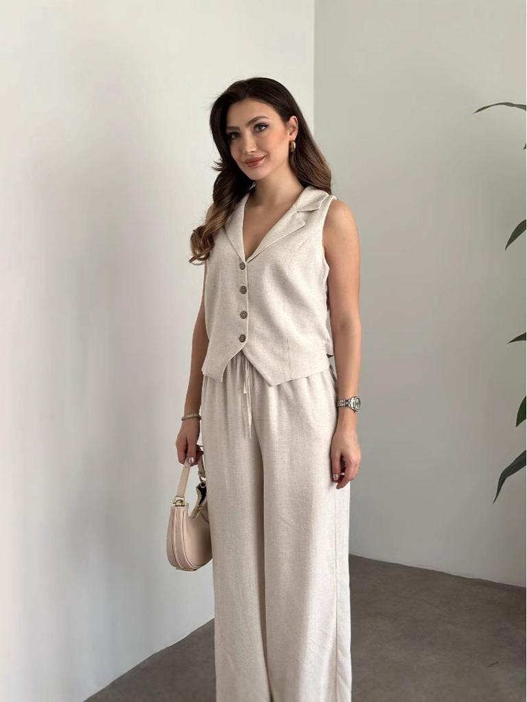 Summer 2025 Sleeveless V-neck Linen-Cotton Vest & Casual Pants Set