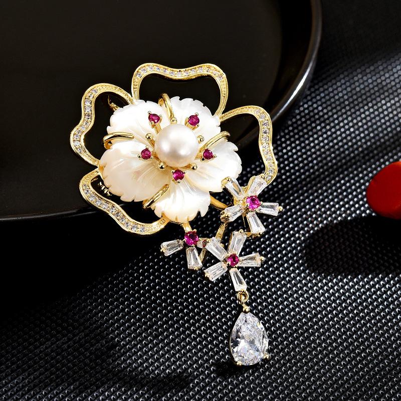 

New Sweet Cherry Blossom Style Freshwater Imitation Pearl Micro Inlaid Zircon Brooch For Women Accessories