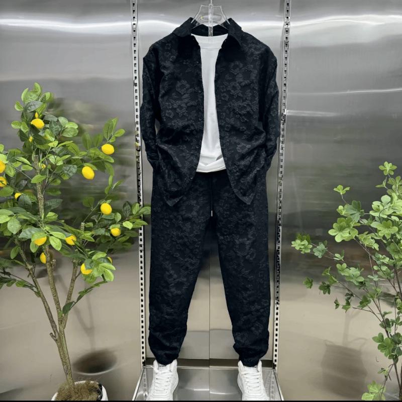 Men's Autumn Embossed Print Casual Shirt and Pants Set
