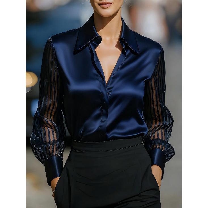 

New Solid Color Versatile Loose Satin Long-Sleeve Shirt For Women XXL темно-синього кольору