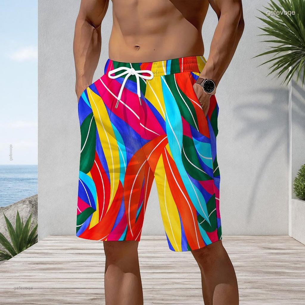 Men Big Size Abstract Marble Print Drawstring Beach Shorts Quick Dry Casual Swim Trunks With Pockets For Summer Holiday Surfing