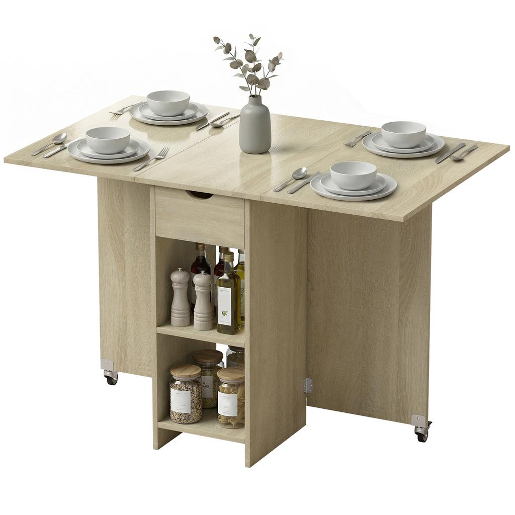 Klappbarer Esstisch für 2-4 Personen, Rollbarer Tisch mit offenem Fach und Schublade, Ideal für kleine Räume, Natur