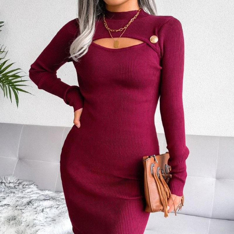 Women Fall Winter Sexy Hollow Out Solid Color Long Sleeve Knit Slim Chic Dress S-L
