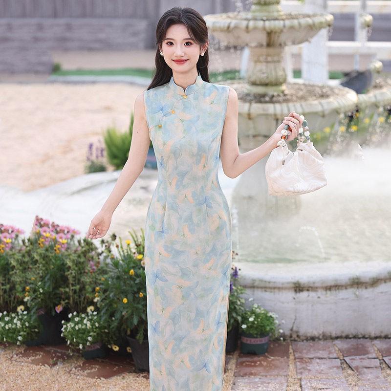 Womens Sleeveless Modern Chinese-Style Long Cheongsam Dress In Bamboo Linen Stand Collar 2026 Small