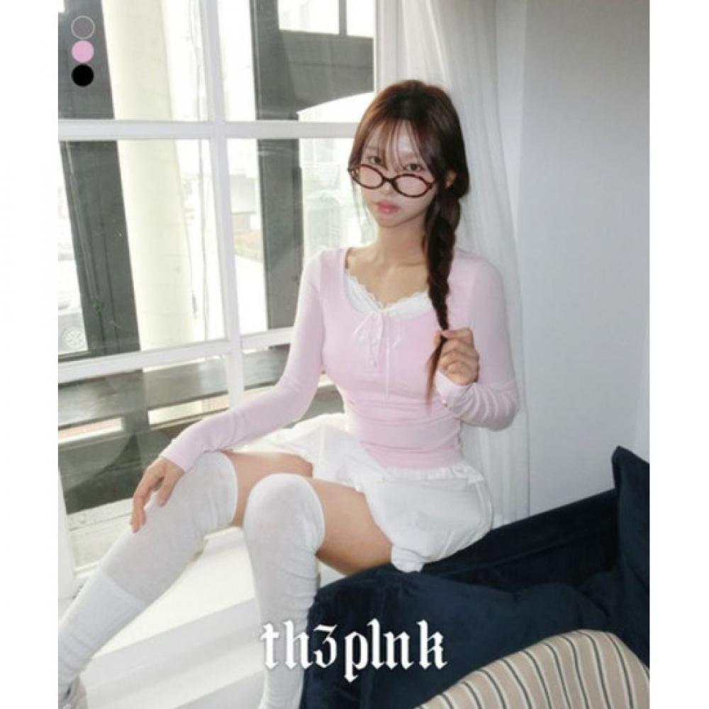 The Pink Slim Fit Ribbon Lace Side Shirring Long Sleeve Tee