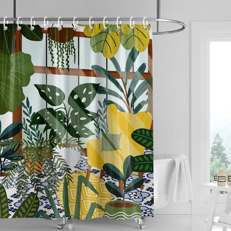 Nordic Simple Style Morandi Shower Curtain Abstract Plant Character Pattern Bathroom Bathtub Dual-Use Shower Curtain 90x180cm