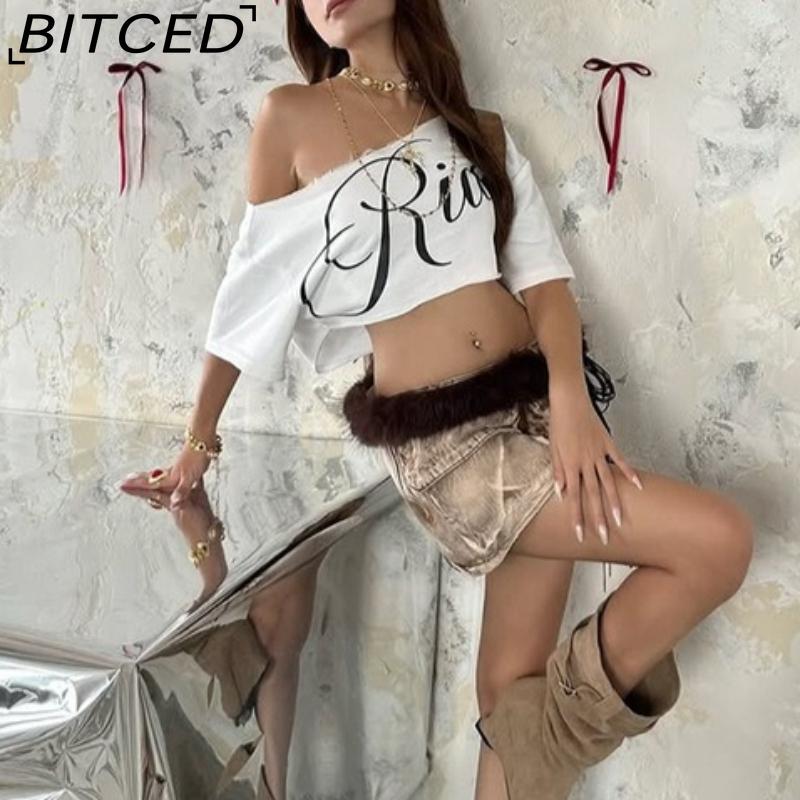 BITCED Spring Women's Solid Color Loose Cropped Top with Fashionable Off-Shoulder Collar and Printed Short Sleeves