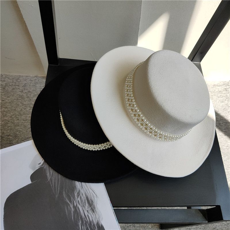 French Elegant Wool Felt Wide Brim Hat for Women, White Pearl Decorated Winter Fall Fashion Streetwear Hat