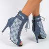 Fashion 2024Sexy Peep Toe Denim Ankle Boots Women Stiletto High Heels Gladiator Summer Booties Woman Zipper Cross-Tied Dress Shoes