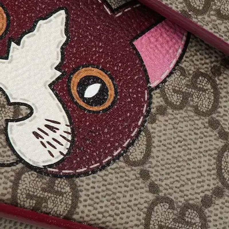 Gucci Double G Logo Cat Detail Coated Fabric Mini Shoulder Bag Women shoulder bag Deep-Red Brown 818764-FAEEP-8574