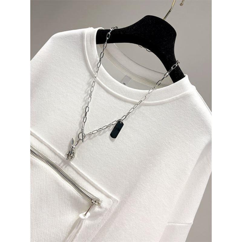 Autumn Round Neck Hoodies Women Loose Zipper Pocket Pullover Sweatshirts Long Sleeve Top