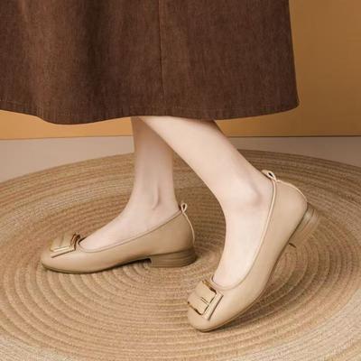 2025 Autumn New Shallow Single Shoes Women's Soft Leather Soft-soled Mother Shoes One Pedal Shallow Mouth Versatile Square Head Thick Heel Shoes