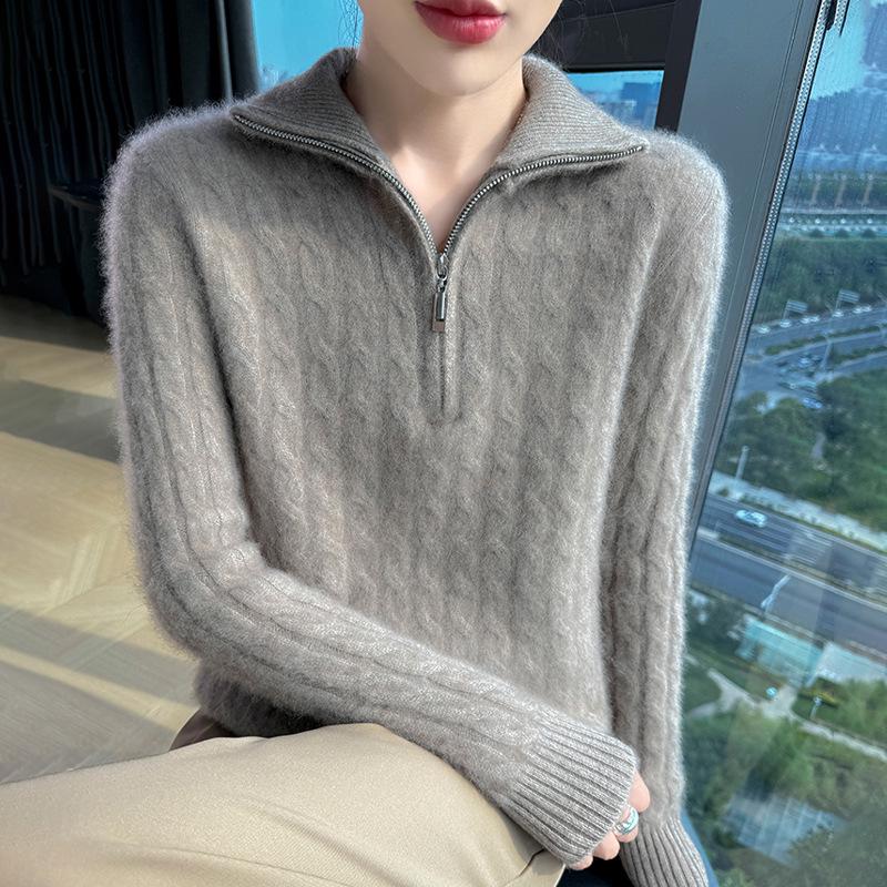 Women's 100% Wool Thickened Knitted Sweater with Large Lapel - Autumn/Winter Warm Twist Pullover, Versatile & Trendy