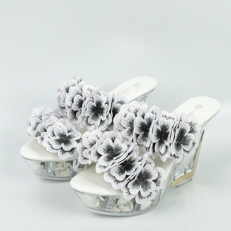 Módní transparentní PVC květiny Sexy 11CM vysoké podpatky Sandály Dámské platformové klínky Pletené květinové pantofle Dámské párty boty do nočního klubu