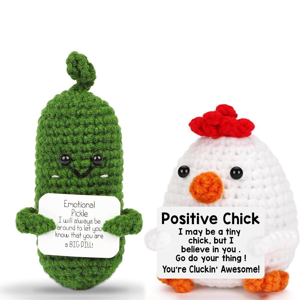 Handmade Emotional Support Pickle Crochet Funny Sour Cucumber Knitted Pickle with Positive Card Cheer up Gift Crochet Home Decor