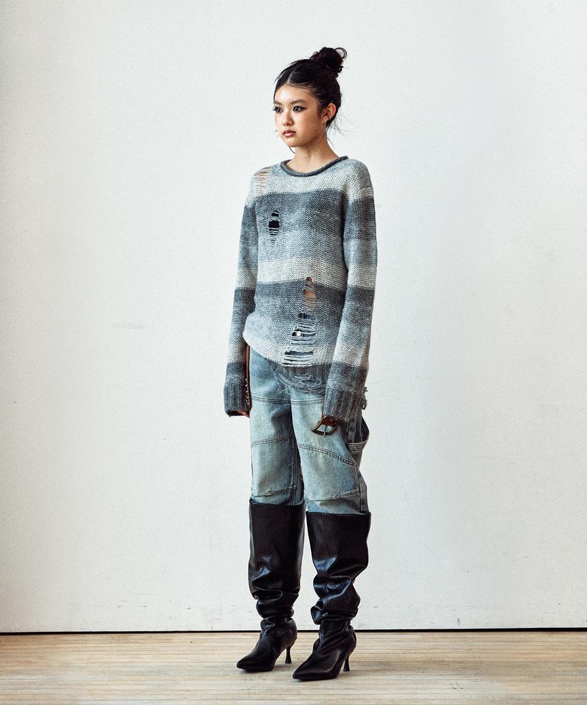 THEVINYLHOUSE Grunge Stripe Sweater Gray