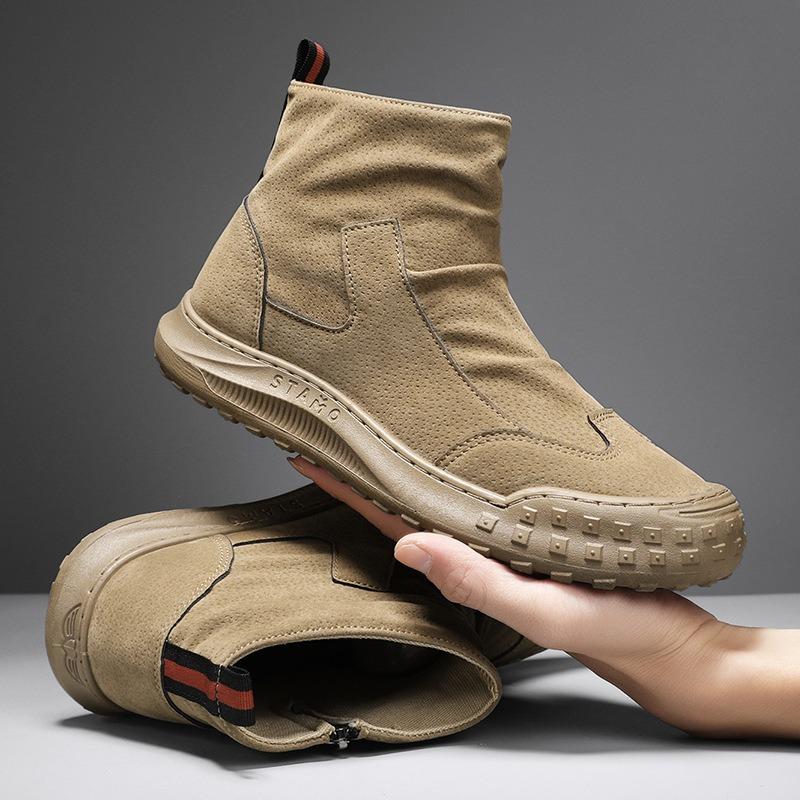 

Jiefan Road s new leathery spring and autumn wear-resistant and non-slip temperament flip fur mid-help fashion canvas men s boots 44 хаки