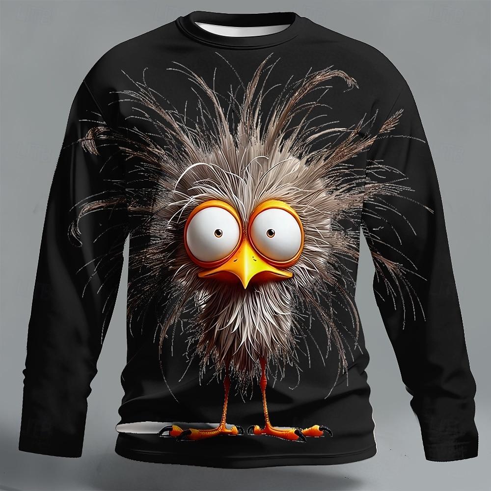 Men's 3D Chick Messy Hair Cat T Shirt Long Sleeve T Shirt 3D Print Crew Neck Shirt Fashion Basic Street Casual Daily Clothing