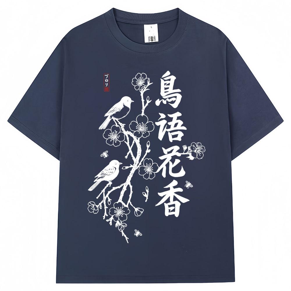 Japanese Style Bird on Sakura Cherry Blossom Print Tshirts Men Women Fashion Harajuku T Shirts Oversized Cotton Casual Tshirt