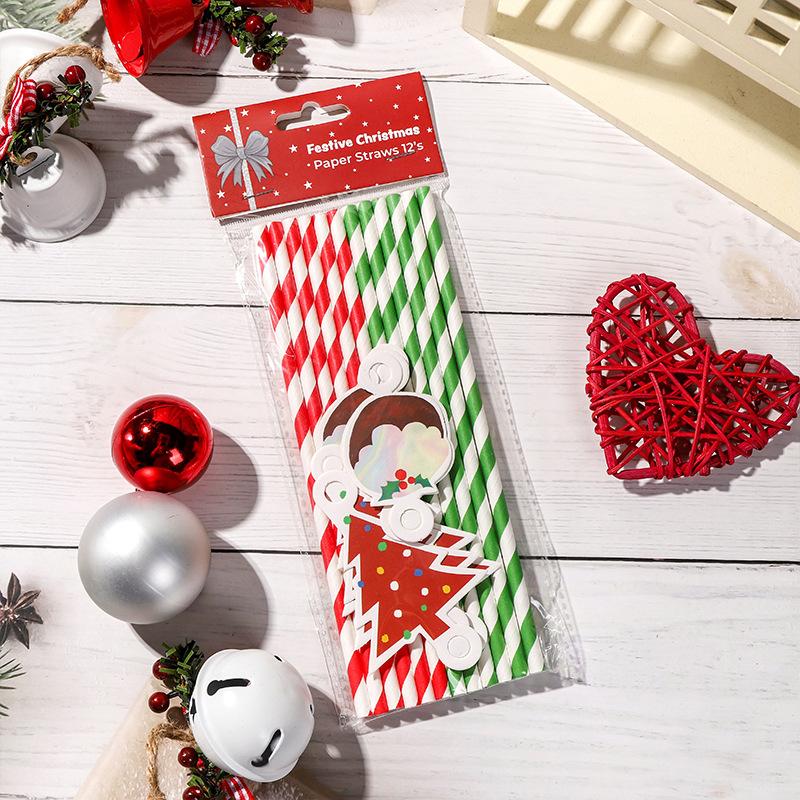 12pcs/pack Christmas Paper Straws Santa Claus Snowman Christmas Party Decoration Straw 2026 New Year Party Supply
