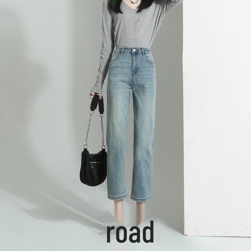 2025 Spring/Autumn Women's High Waist Straight Leg Jeans - Slimming Light Tone Cropped Cigarette Pants