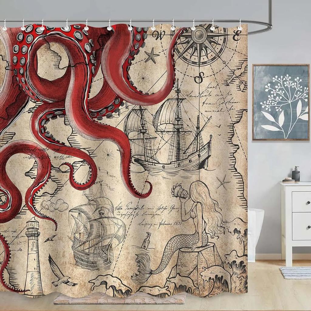 Vintage Nautical Octopus Shower Curtain Blue Mermaid Funny Ocean Kraken Anchor Coastal Map Polyester Fabric Bath Curtain Decor
