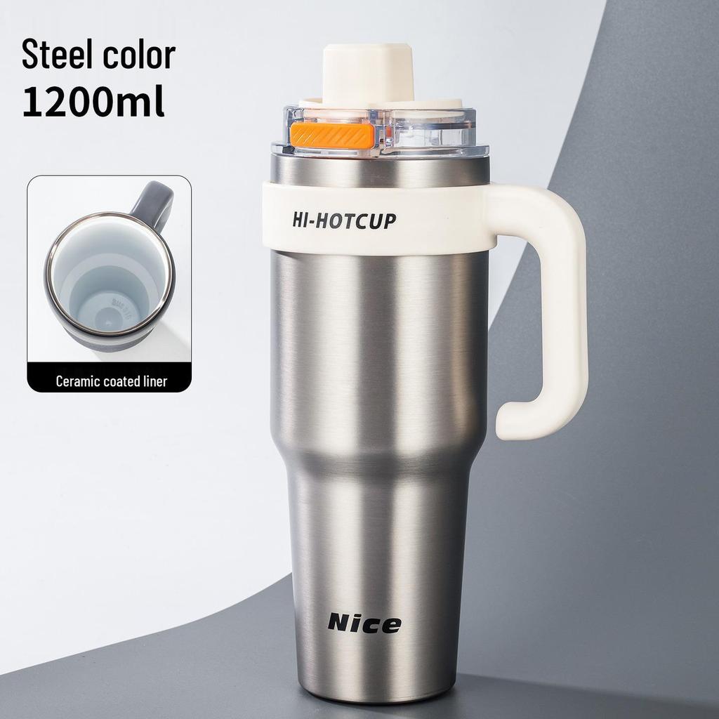 316 Stainless Steel Large Capacity Thermos Cup with Ceramic Inner Liner - Insulated Straw for Outdoor Use