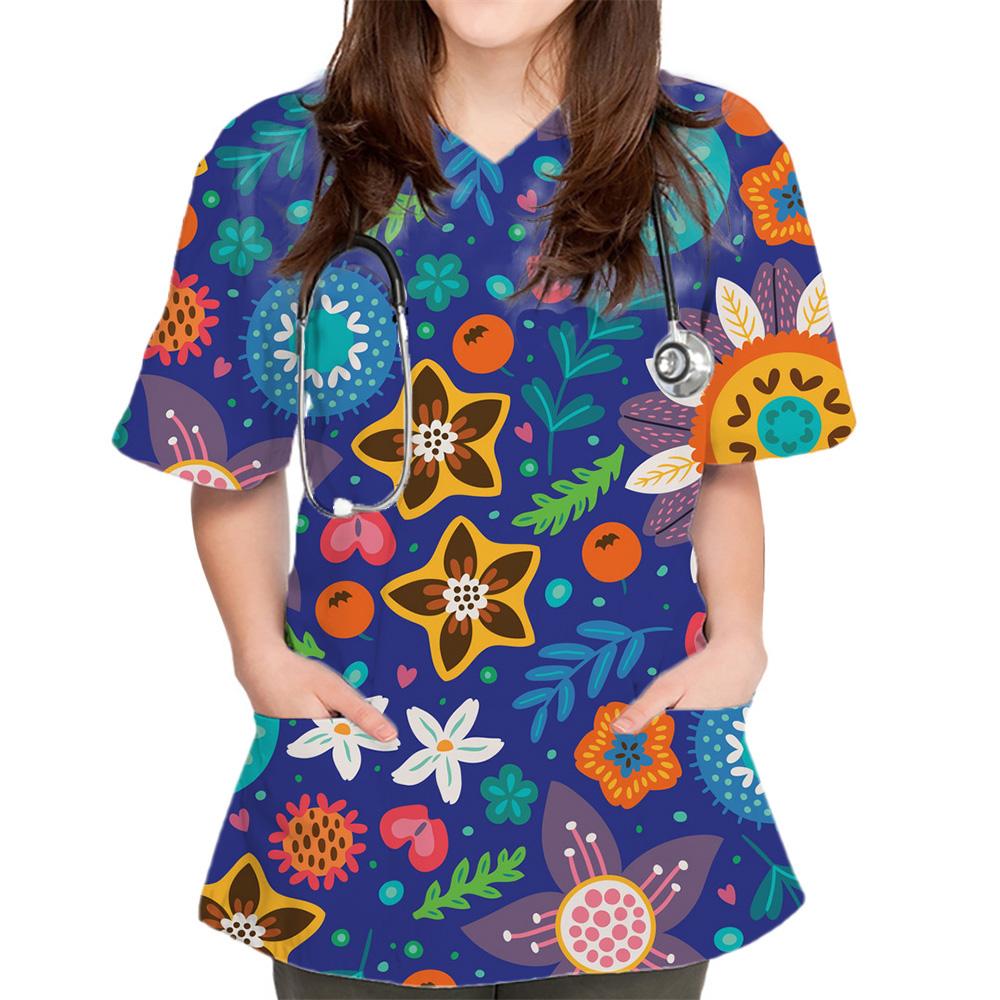 Chirurgische Uniformen Damen Mode Blumendruck Tierarzt Chirurgische Uniformen V-Ausschnitt Kurzarm Oberteile Haustier Medico Damen Chirurgische Kittel