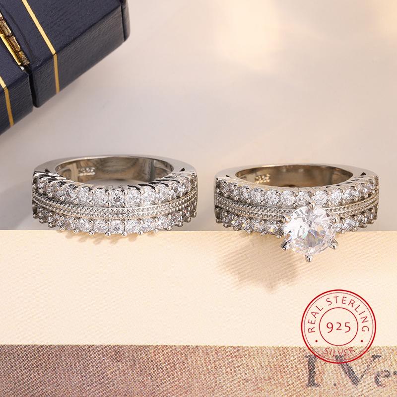 New Classic Bridal Sets Ring 2 Piece Set with Sparkling Cubic Zircon Elegant Diamond Ring Wedding Party Jewelry