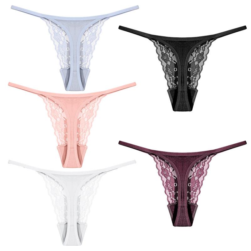 FINETOO Lace Thong for Women Seamless Lingerie Ice Silk Underwear T-back Panty
