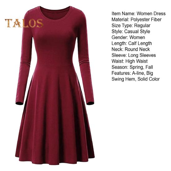 Spring Women Dress O Neck A-line Big Hem Long Sleeve Midi Dress Solid Color Loose Cut Dress for Daily Life Dating Parties