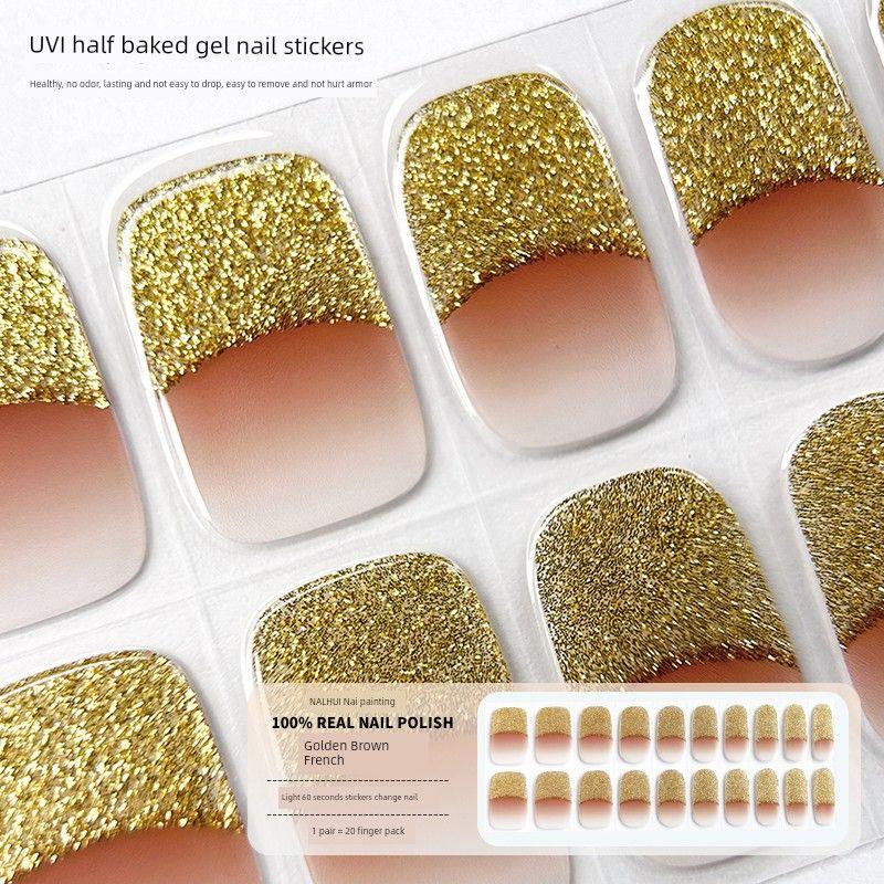

[Aurora Manicure] Second Generation Metallic Gel Phototherapy Nail Stickers Classy Semi-Cured Semi-Baked Nail Sticker White Golden Brown French [20 finger light]]