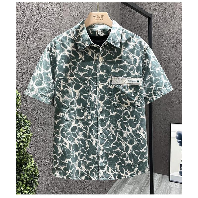 Men Water Ripple Print Shirt Short Sleeve Button Down Chest Pocket Casual Streetwear Shirt for Men