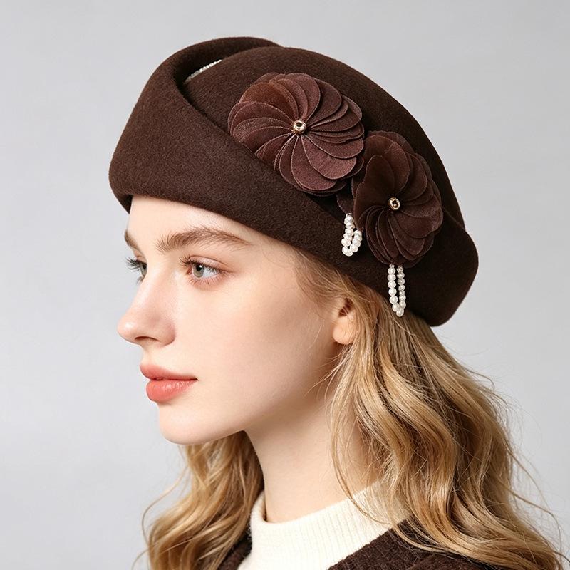 Autumn and Winter New Fashion Wool Hat Women's Daughter Gold Wind Fashion Top Hat Elegant Pearl Flower Crimped Beret