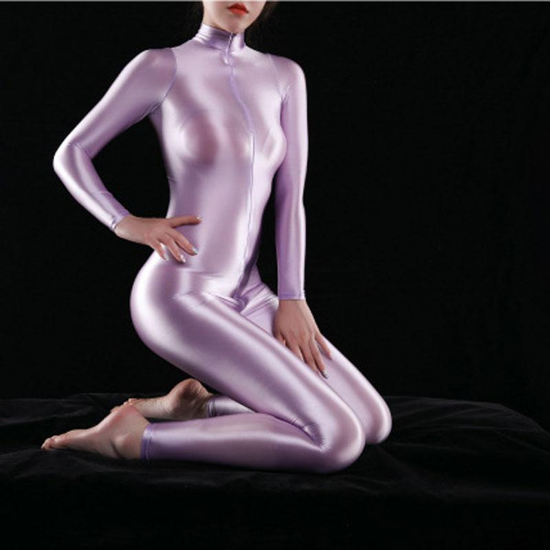 Sexy Women Full Body Bodysuit Oil Gloosy Sexy Tights Shaping Thong Open Crotch Catsuit Sheer See Through Maid Leotard
