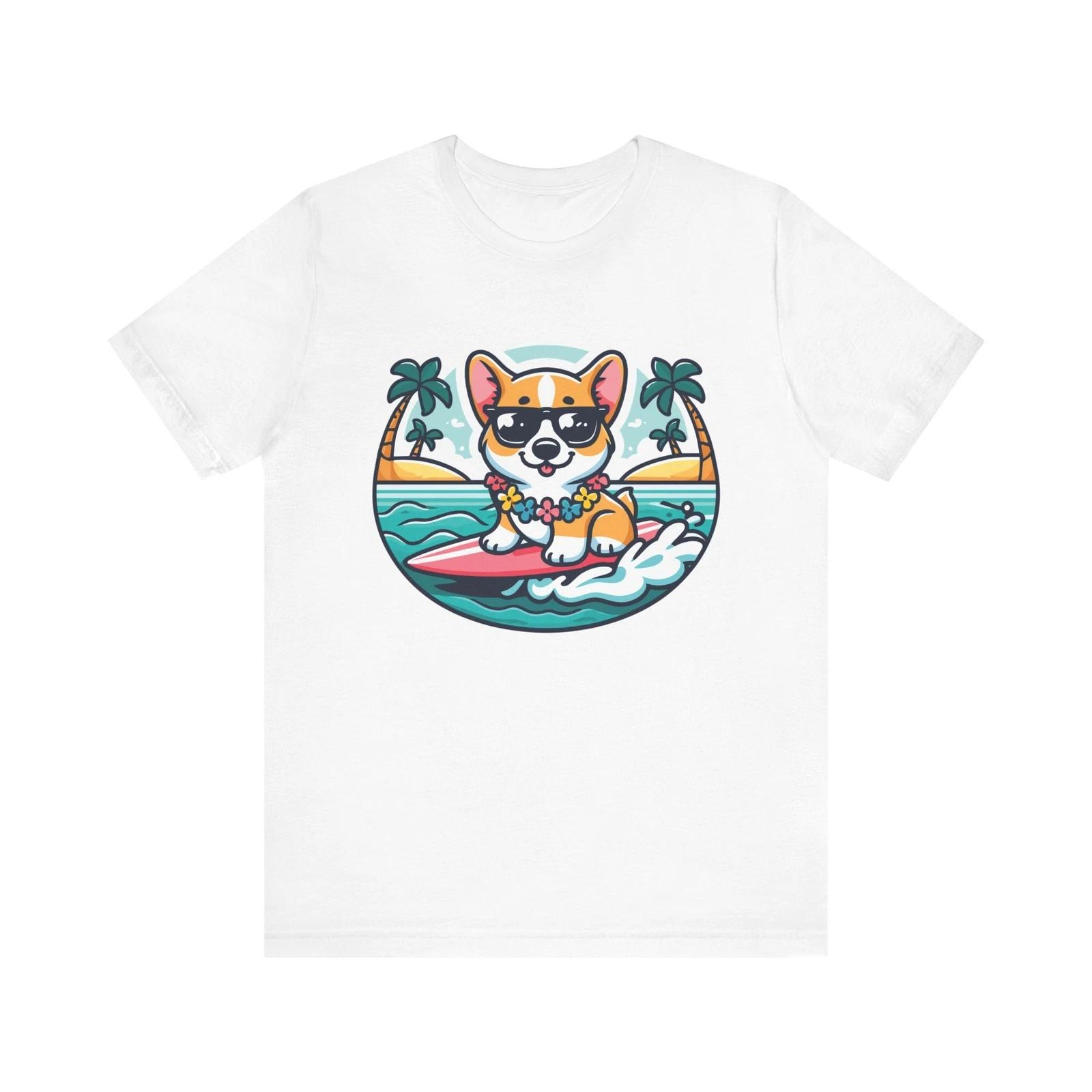 Cute Kawaii Surfing Corgi Dog Tee Hawaiian Beach Aesthetic Summer Design T-Shirt 3XL