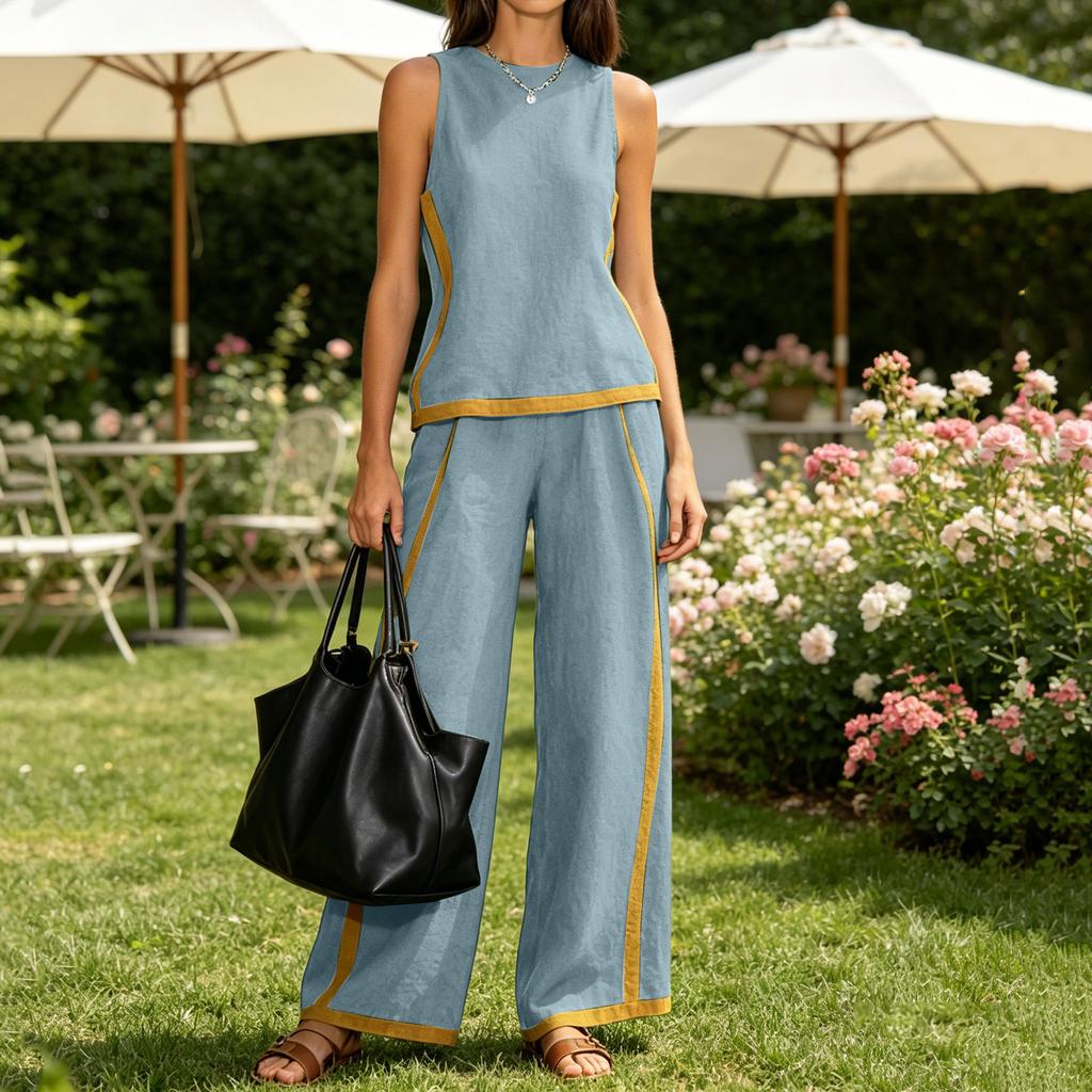 Women Sleeveless Top and Wide Leg Pants Two Piece Set Casual Summer Outfit Lightweight Comfortable Loose Fit Suitable for Daily Wear
