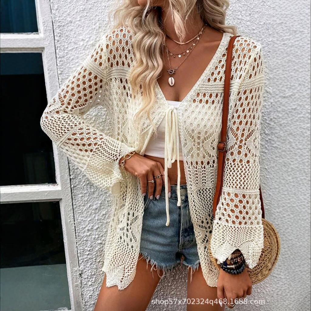 Women V Neck Long Sleeve Hollow Out Knit Cardigan Sun Protection Beach Cover Up Outerwear
