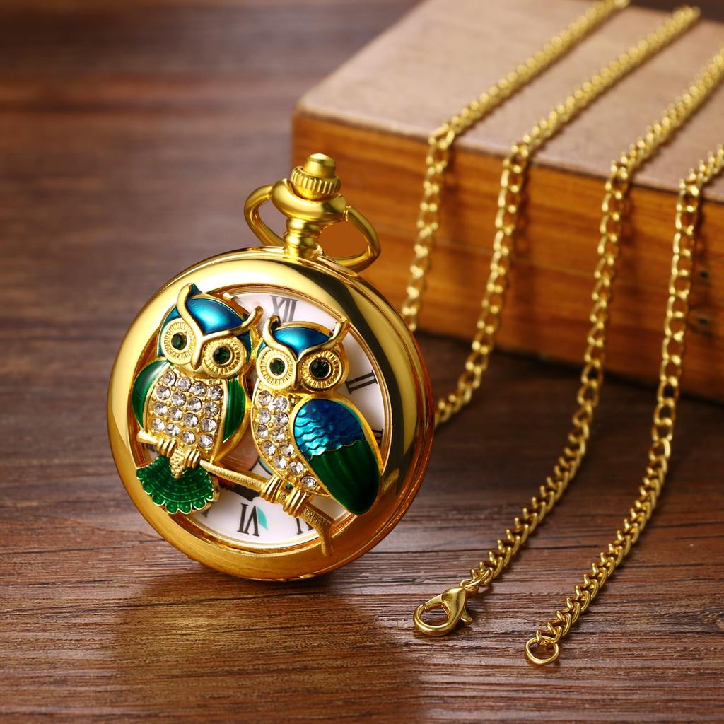 Owl Pocket Watch Skeleton Antique Roman Analog Display Waterproof Pocket Watch Pendant Necklace Chain Gold Birthday Anniversary Christmas Day Present