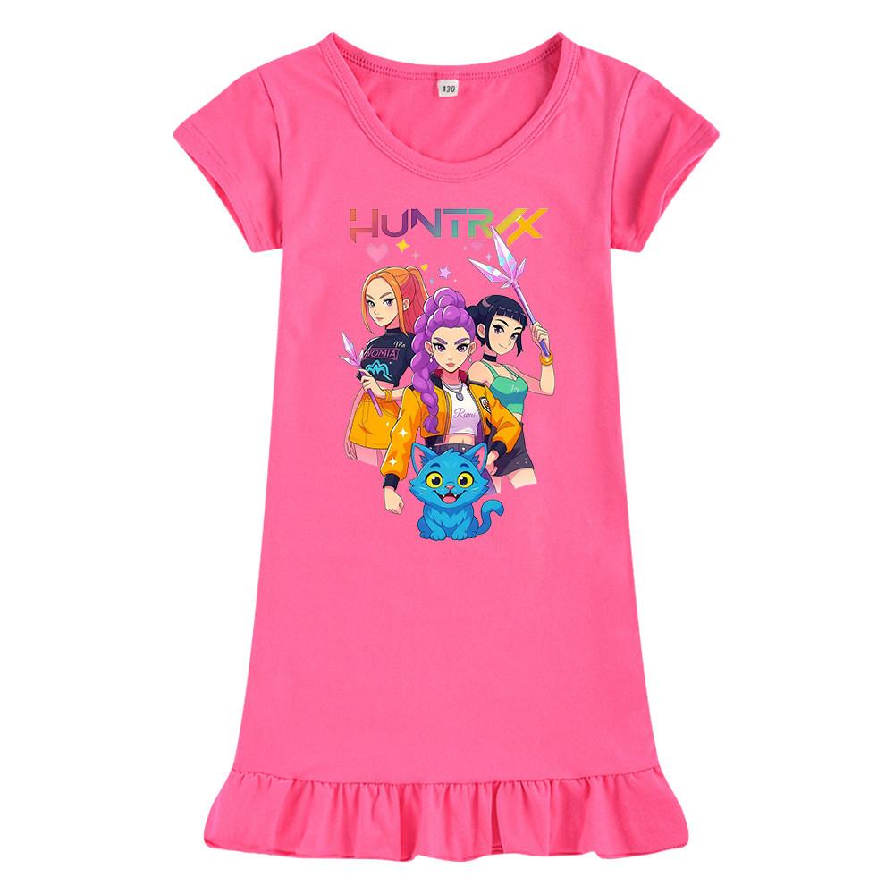 M1233 Dziewczęca Sukienka Kpop Rumi Zoey Mira z Nadrukiem, Krótki Rękaw, Falbanki