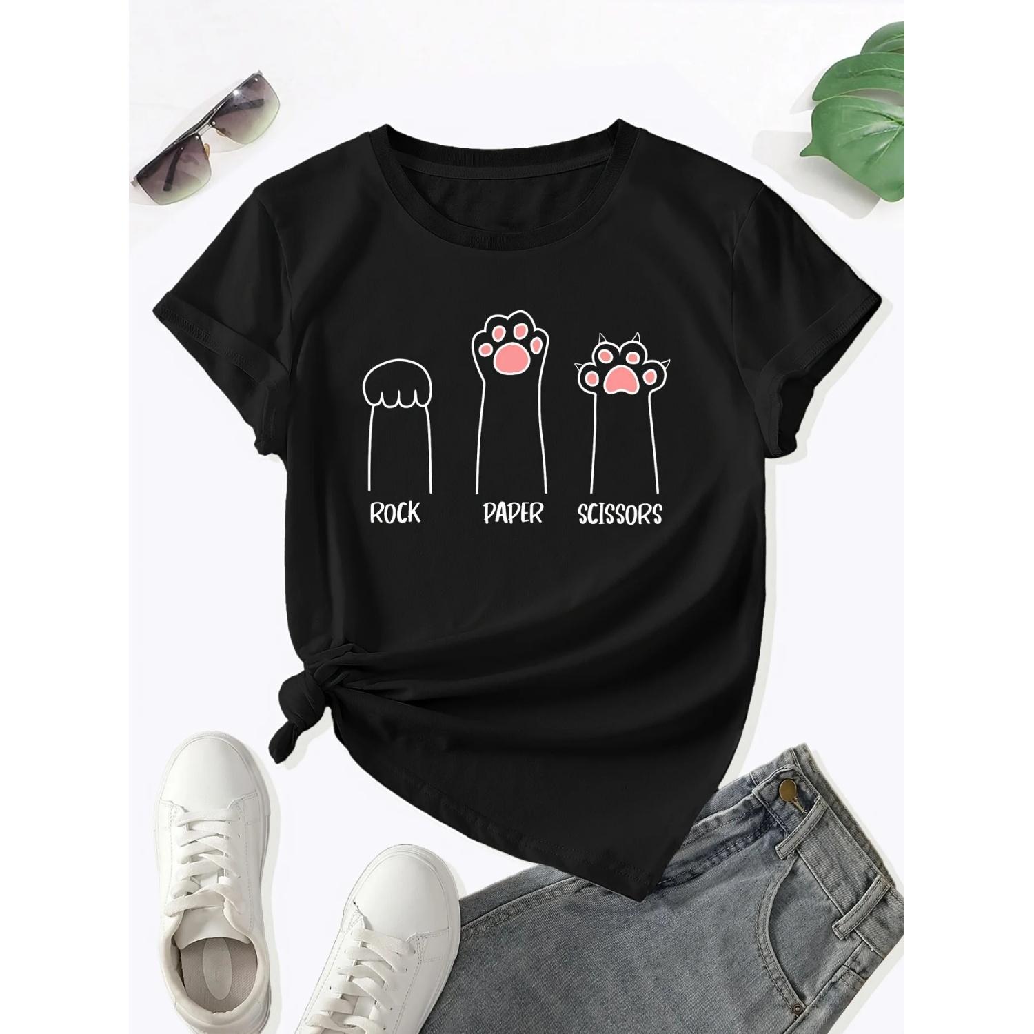 Футболка с круглым вырезом с принтом лап, повседневная футболка с коротким рукавом на весну и лето, женская одежда S чёрный
