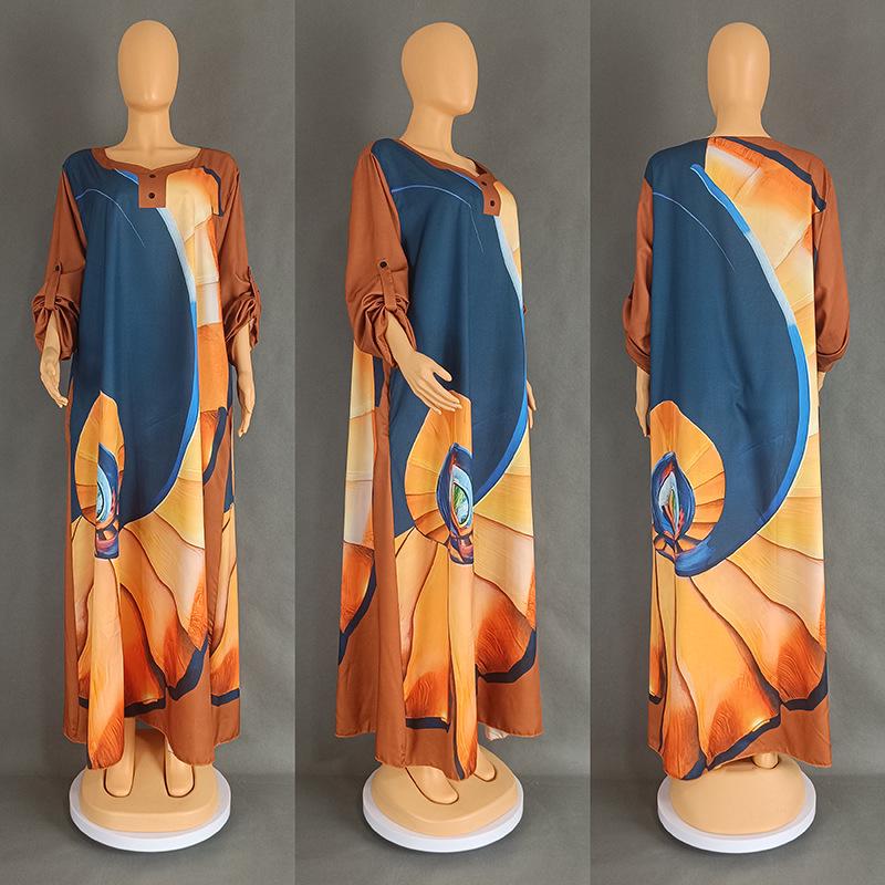 European and American Large Size Women's Satin Print Dress, Arabic Robe Style 8901