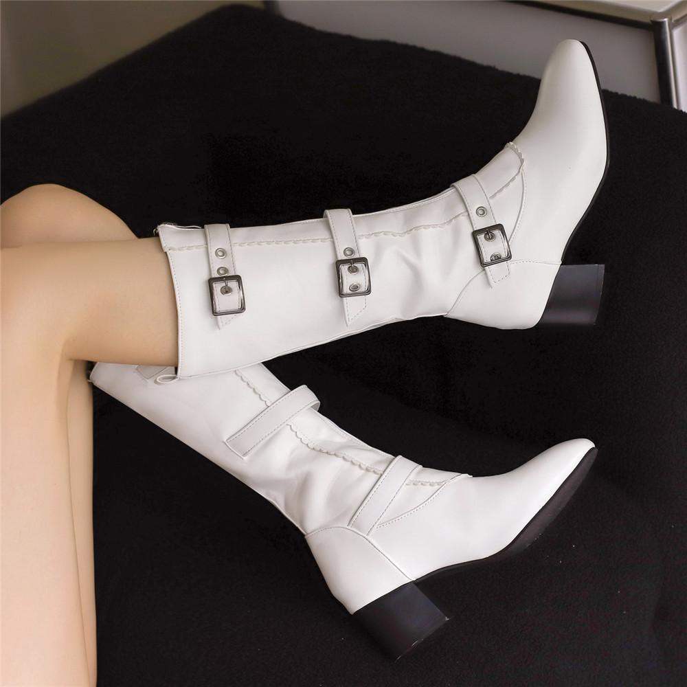 Knee-High Boots Women Vintage Belt Buckle Shoes Female Square High Heel Zipper Autumn Winter Soild Casual Botas Feminina