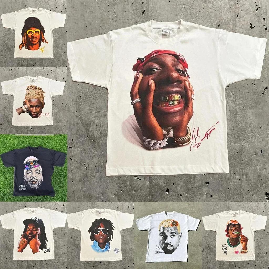 American Trendy Hip Hop Street Style T-Shirt Unisex Celebrity Portrait Print Tee Kanye Photo Top  Sport Loose Streetwear Teess